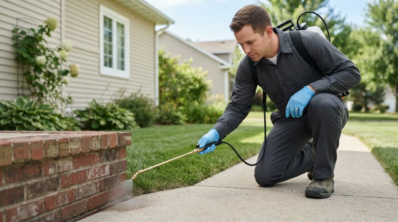Pest control technician treating a home near Hamden, OH