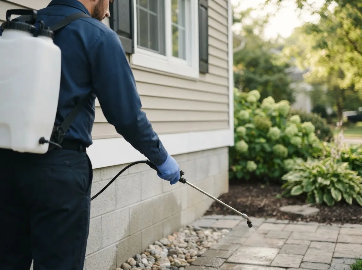 Pest control technician inspecting a home in Hamden, OH